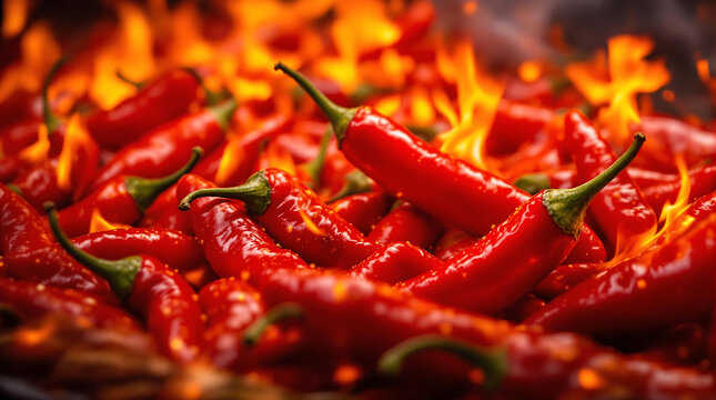 Hot and Spicy Food Theme Background with Red Chili Peppers and Flames for International Hot and Spicy Food Day