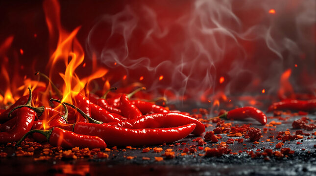 Hot and Spicy Food Theme Background with Red Chili Peppers and Flames for International Hot and Spicy Food Day
