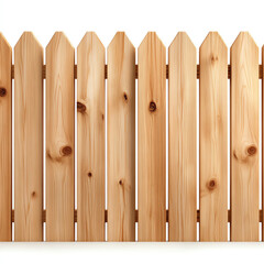 Wooden picket fence with natural grain, white isolated background.