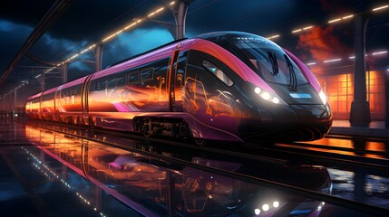 Fototapeta premium Abstract Futuristic Train with Glowing Lines - Generative AI