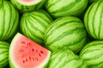 Fresh, ripe watermelons piled together, with a sliced piece revealing juicy red flesh and black seeds.