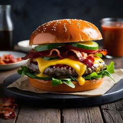 Close-up home made beef burger on wooden table
