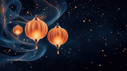 Abstract glowing traditional lanterns on dark blue background with golden sparkles. Copy space