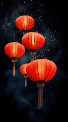 Obraz premium Close-up view of five abstract traditional red lanterns, glowing against dark background with golden sparkles. Vertical digital art