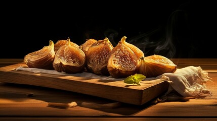 A photo of dried figs on a wooden board