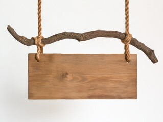 wooden sign hanging from a branch