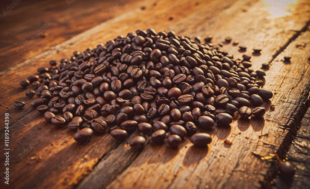 Poster pile of coffee beans on a wooden table. the beans are spread out and some are piled up
