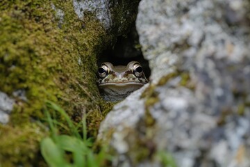 A frog peers from a mossy rock crevice