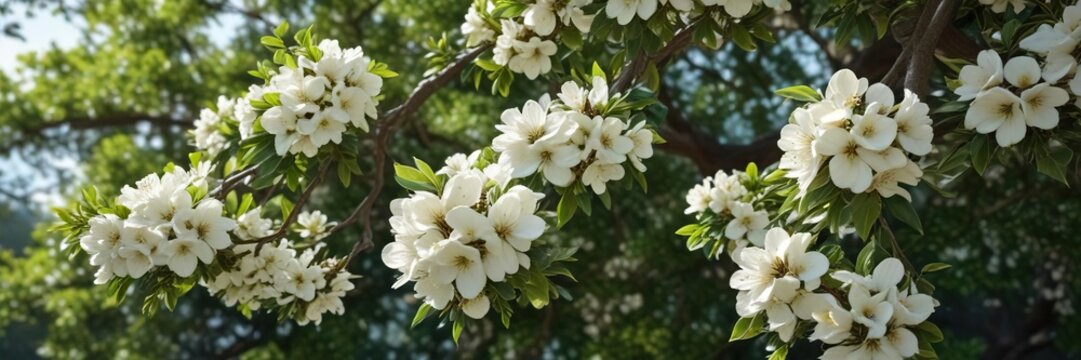 Mature tree with dark green leaves and white flowers, large leafy branches, flowering tree, cestrum nocturnum