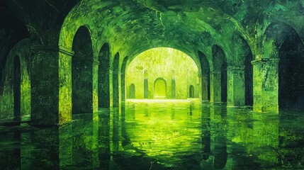 Fototapeta premium Mysterious Green Underground Cave with Reflections and Arched Columns