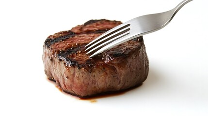 A fork pierces a juicy succulent grilled fillet steak grilled medium rare
