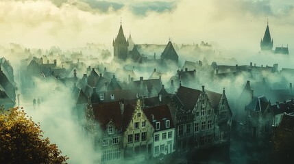 Obraz premium Misty Morning View of Historic European Town Surrounded by Fog
