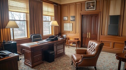 Elegant Private Office Space with Classic Furniture and Natural Light