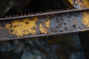 Ants Crawling on Rusty Yellow Metal Beam