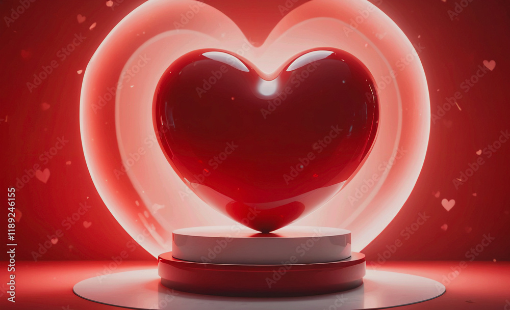 Poster red heart is on a white pedestal. the heart is surrounded by a red circle. there are many red hearts