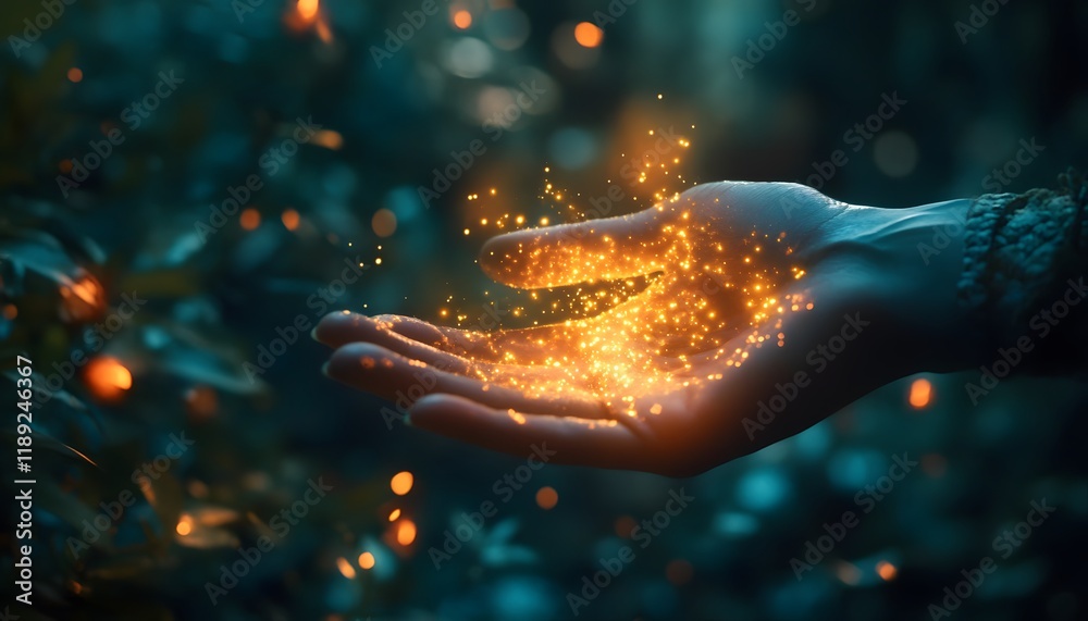 Poster Glowing Particles Emanating from Open Hand in Mystical Forest Scene, Captivating Light Effects and Nature's Wonders, Magical Serenity in Soft Focus
