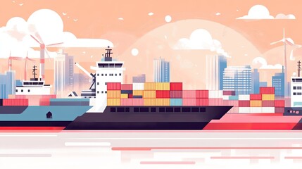 Obraz premium Cargo ships at harbor with cityscape background and wind turbines.