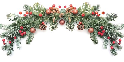 Christmas decorations isolated on a white background, including ornaments, baubles, and festive trimmings.