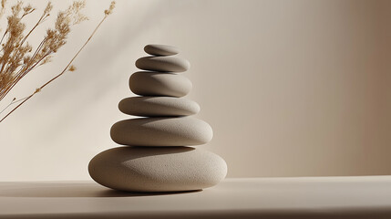 Zen stack of smooth beige stones in peaceful neutral setting with minimalist aesthetic for wellness, meditation, and relaxation concepts in interior design