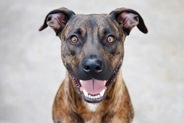 Happy Brindle Dog Portrait Showing Teeth and Tongue