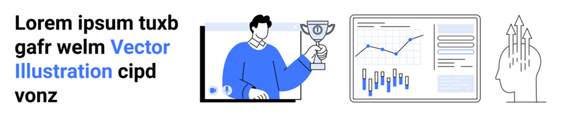 Three elements - person holding trophy, graphs and charts, neural network in head. Ideal for business success, data analysis, technology, virtual meetings, AI, innovation, digital transformation