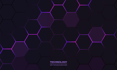 Dark hexagon abstract technology background with purple and pink colored bright flashes under hexagon. Hexagonal gaming vector abstract tech background.