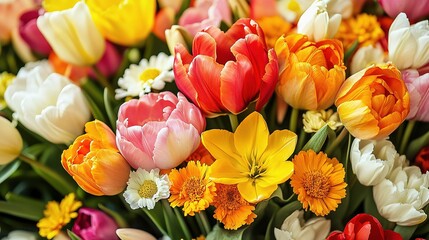 Springtime Bouquet: Vibrant and colorful tulips, lilies, and daisies create a stunning, joyful floral display. The interplay of pastel pink, rich red, warm yellow.