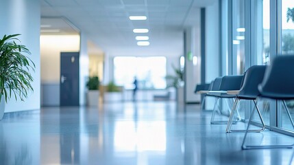 Modern Hospital Corridor: A serene and calming image depicting a clean, bright hospital corridor with sleek seating and natural light. The focus is on the calm atmosphere.