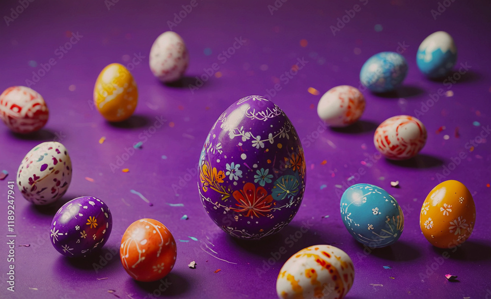 Poster purple egg with flowers on it is surrounded by many other eggs. some of the eggs are blue, some are 