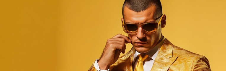 Obraz premium Stylish man dressed in golden suit with sunglasses and confident demeanor