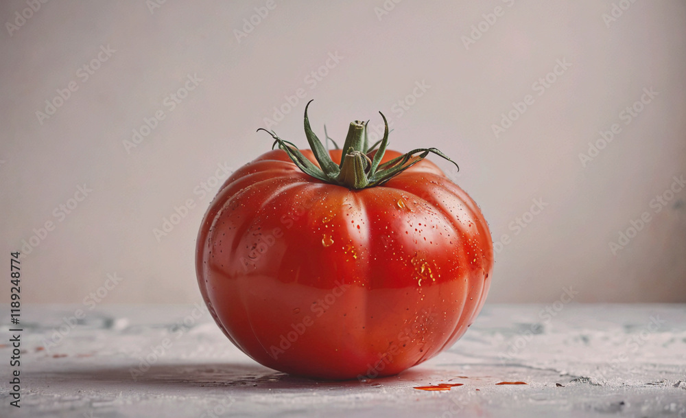 Aufkleber red tomato with a stem on top. it is sitting on a table. the tomato is wet