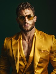 Obraz premium Portrait of a stylish man in yellow suit and sunglasses against dark background