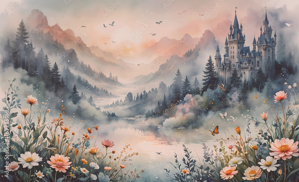 Poster painting of a castle and mountains with a river in the foreground. there are many flowers in the for