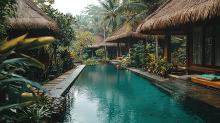 Fototapeta premium Serene Tropical Poolside Retreat with Lush Greenery and Thatched Huts