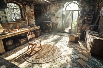 Sunlit Workshop with Vintage Tools and Rustic Decor in a Cozy Atmosphere