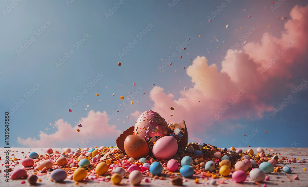 Poster pile of colorful easter eggs with sprinkles on top. there are also some chocolate eggs in the pile