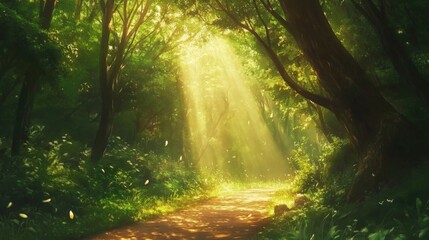 a sunlit path through a forest