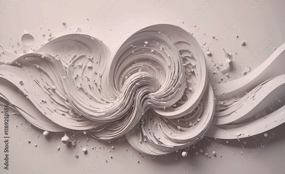 Poster large, white and grey swirl with many small white and grey dots. the swirl is very long and has a lo