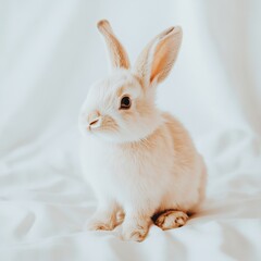 a light brown bunny sits on white fabric