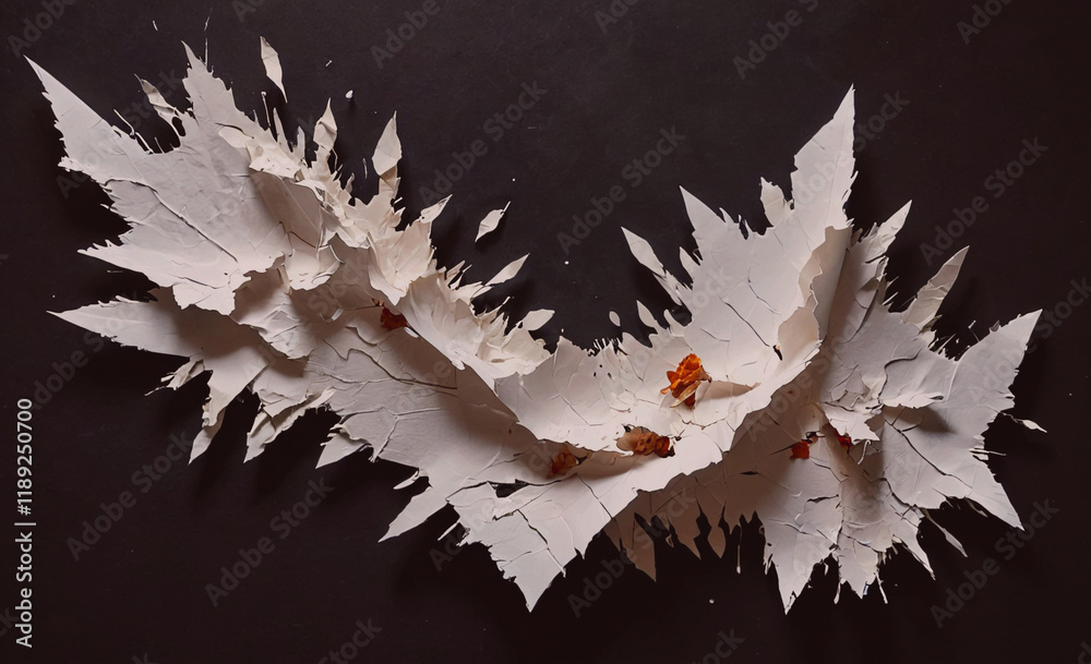 Aufkleber white leafy branch with a black background. the branch is made of paper and has a lot of white splat