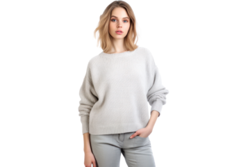 Comfortable oversized women's sweater in light gray, featuring a loose knit texture and slouchy sleeves for a casual look.