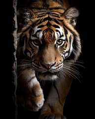 Fototapeta premium Majestic tiger portrait wildlife sanctuary animal dark environment close-up warm wildlife aesthetic