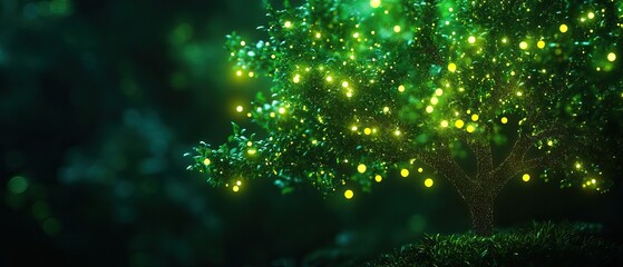 A luminous tree adorned with sparkling green lights against a dark, enchanting background, creating a magical atmosphere.