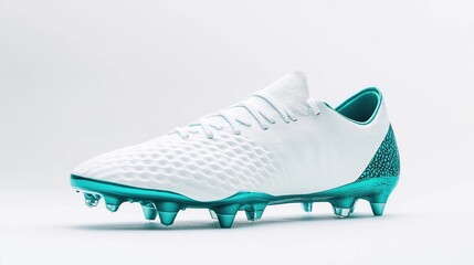 White, teal soccer cleats isolated on white background. High-performance sports footwear for agility, speed on pitch. Modern design for pro football soccer players. Professional athlete use cleats