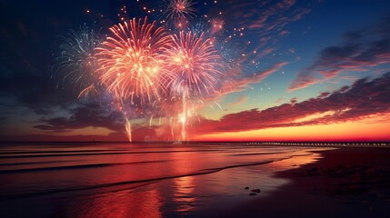 A photo of fireworks over an ocean horizon