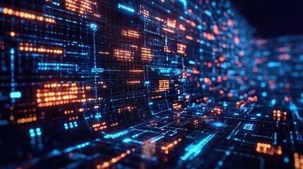Fototapeta premium Curved structure of illuminated digital circuits in blue and orange, representing modern technology and connectivity. Generated with AI.