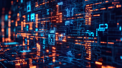 Fototapeta premium Futuristic digital interface with glowing orange and blue patterns, evoking an advanced technological system. Generated with AI.