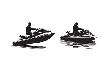 Naklejka premium Jet Ski Silhouettes of Riders on Water in Black and White Vector Illustration