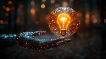 Fototapeta premium Robotic hand with glowing patterns holding a light bulb in a lit forest, emphasizing technological innovation. Generated with AI.