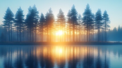 Sunrise over a misty lake with silhouetted pine trees
